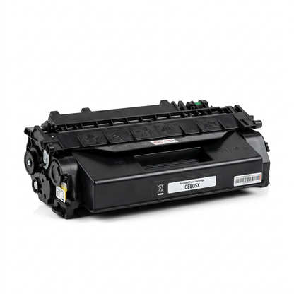 Pure high-resolution hero shot: Elevate Imaging compatible HP CE505X toner cartridge on white.