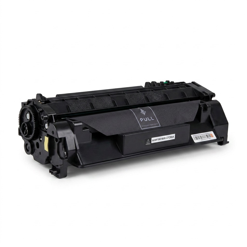 A high-resolution hero shot of the black Elevate Imaging CF280A toner cartridge isolated on white.