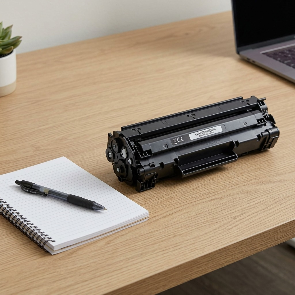 A photo of the HP CF472X toner cartridge on a desk next to a pen for scale reference.