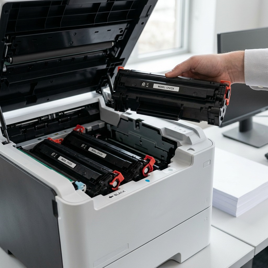 A cyan-highlighted Elevate Imaging CF472X remanufactured toner cartridge is installed and seated within the open access area of a modern office laser printer, depicted in a realistic workspace. A partial 'E' logo is visible.