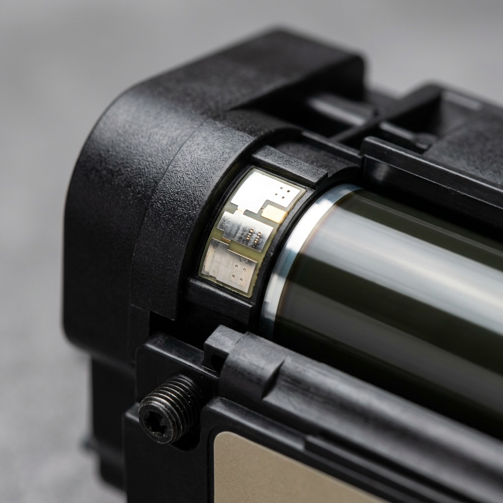 Macro view of contact chip and drum on the laser cartridge.
