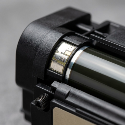 Macro view of contact chip and drum on the laser cartridge.
