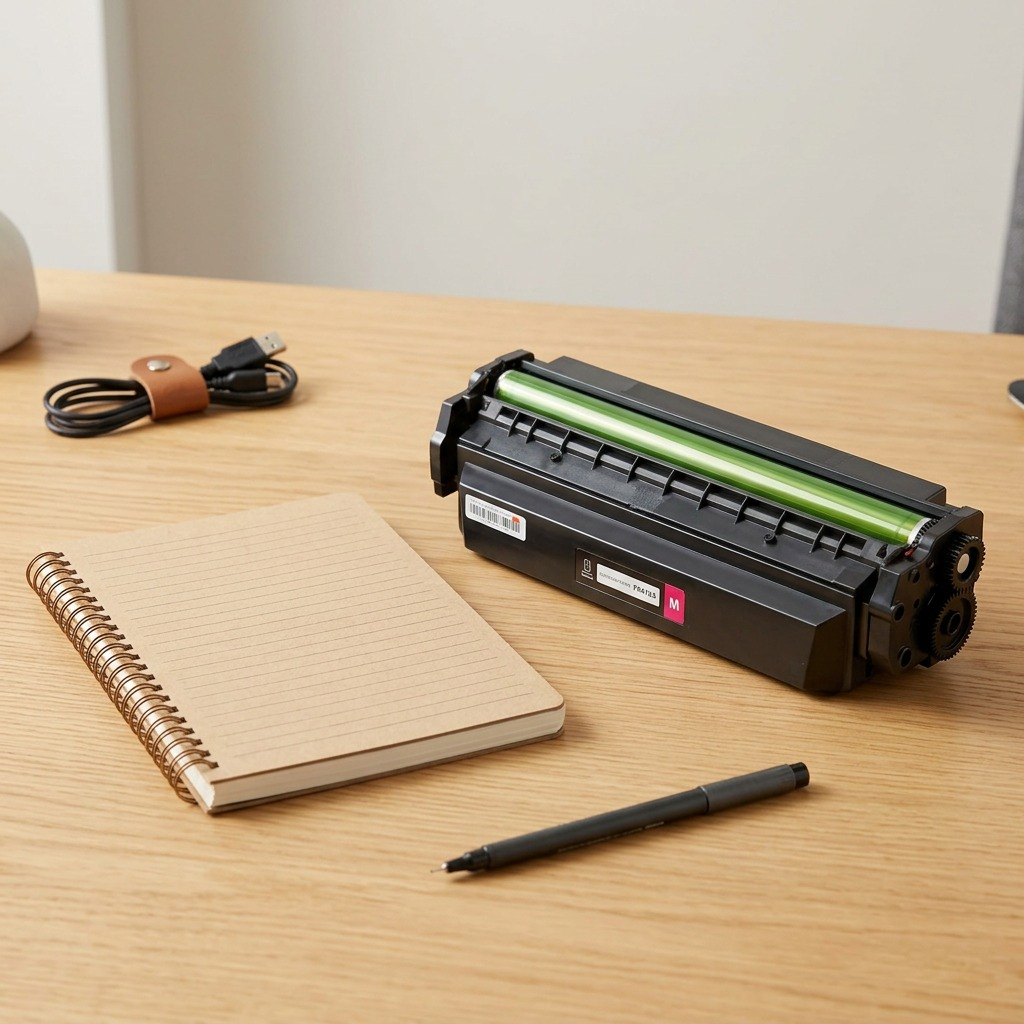 An A5 notebook on a wooden desk next to the Elevate Imaging HP CF413X magenta toner cartridge for scale.