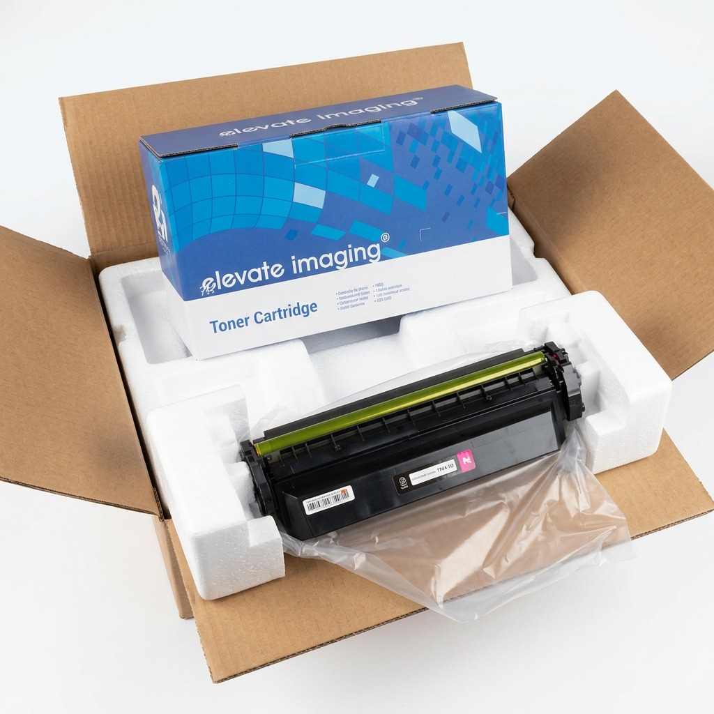 Unboxing view showing an Elevate Imaging CF413X toner cartridge in protective styrofoam, alongside its retail box.