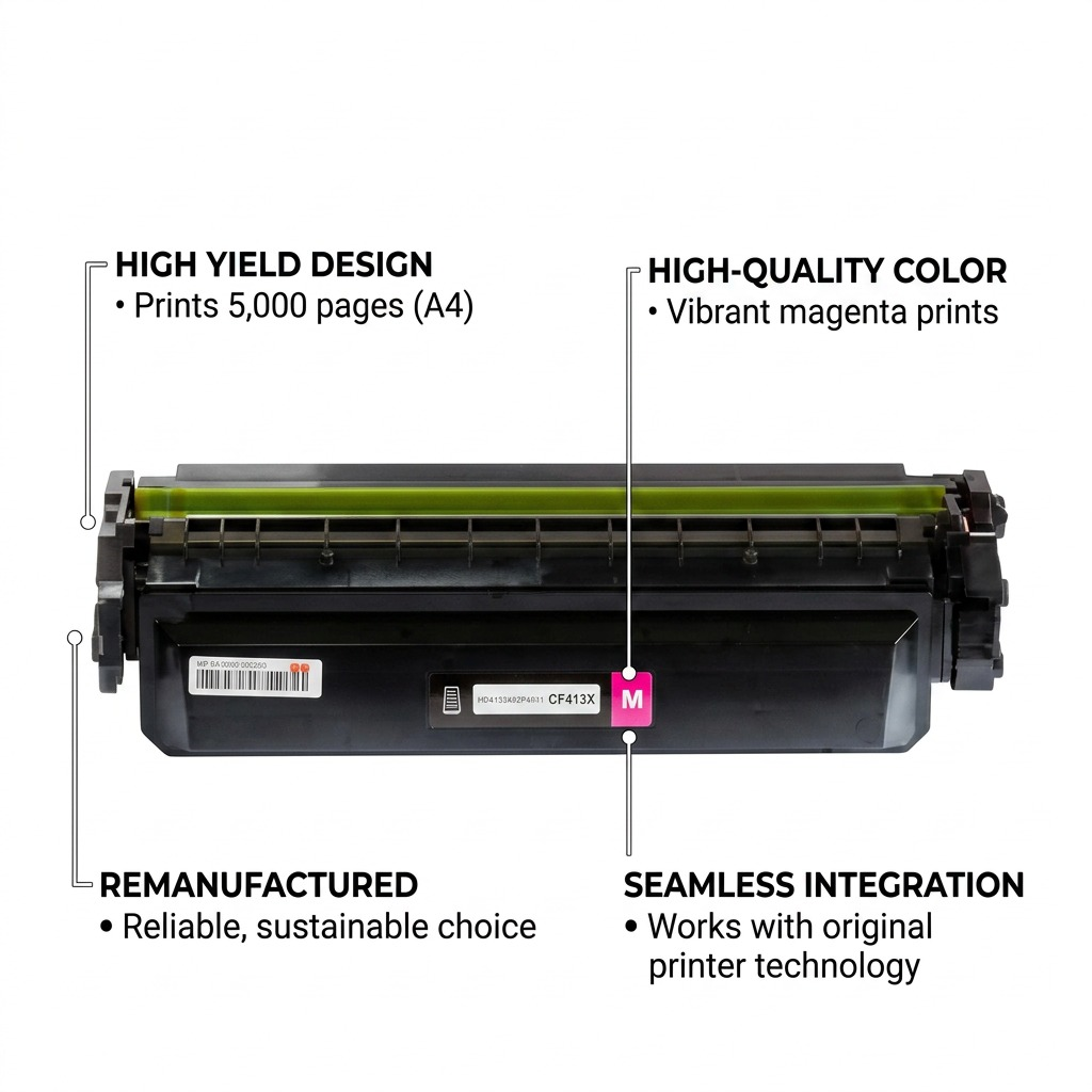 An infographic callout image showcasing the Elevate Imaging Reman HP CF413X Magenta Toner Cartridge with key feature labels.