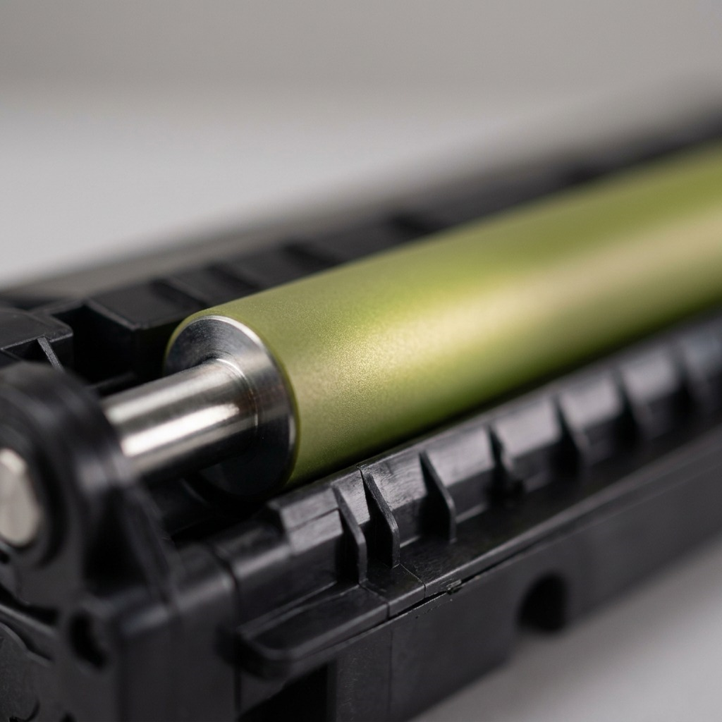 A macro photograph with a shallow depth of field, focusing on the texture and precise form of the toner cartridge's PCR development roller, showing the fine details of its green-yellow surface and metal shaft. An extreme close-up for product quality inspectio