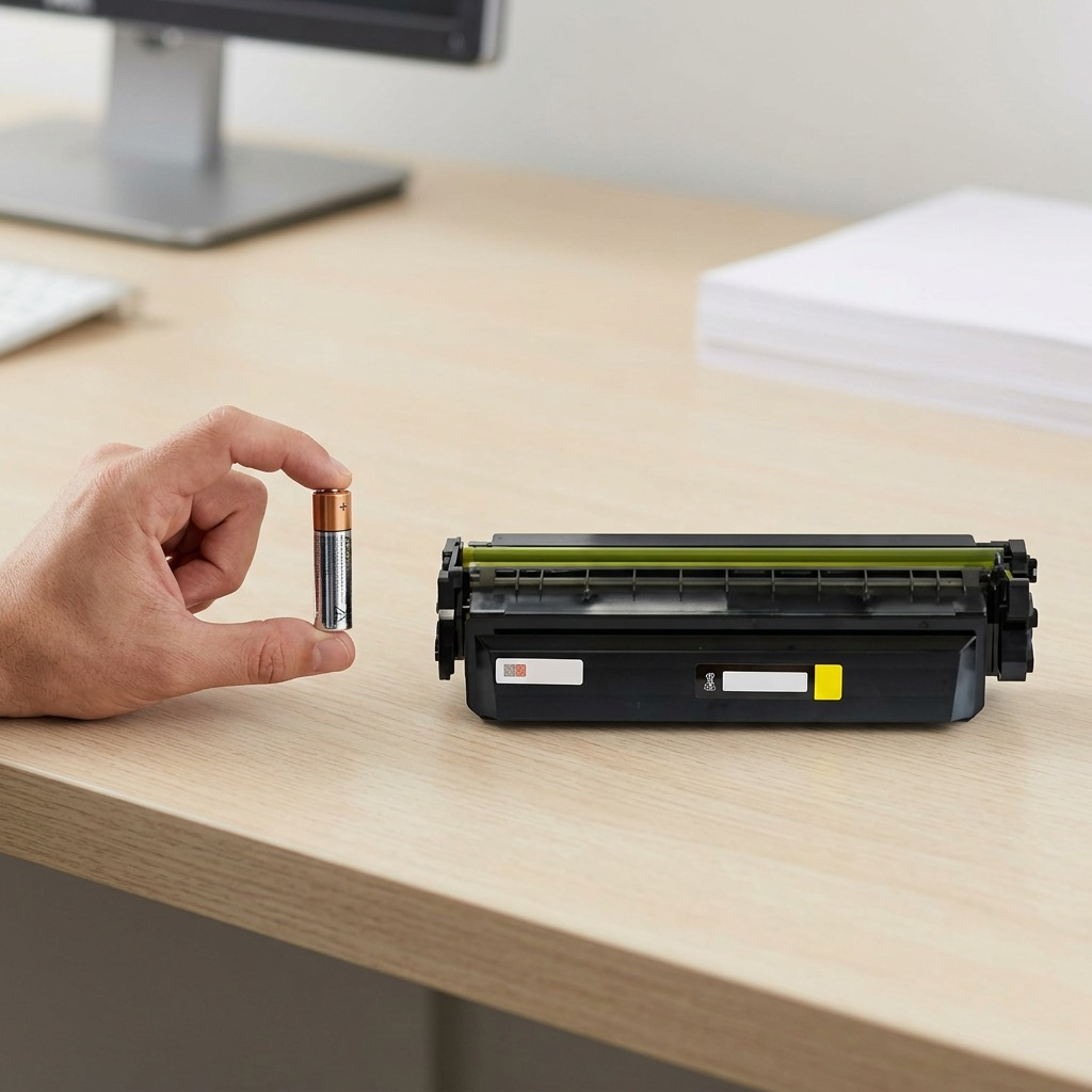 A photographic scale visual showing the Elevate Imaging yellow toner cartridge (HP CF412X compatible) on an office desk, positioned next to a standard AA-size battery for size reference.