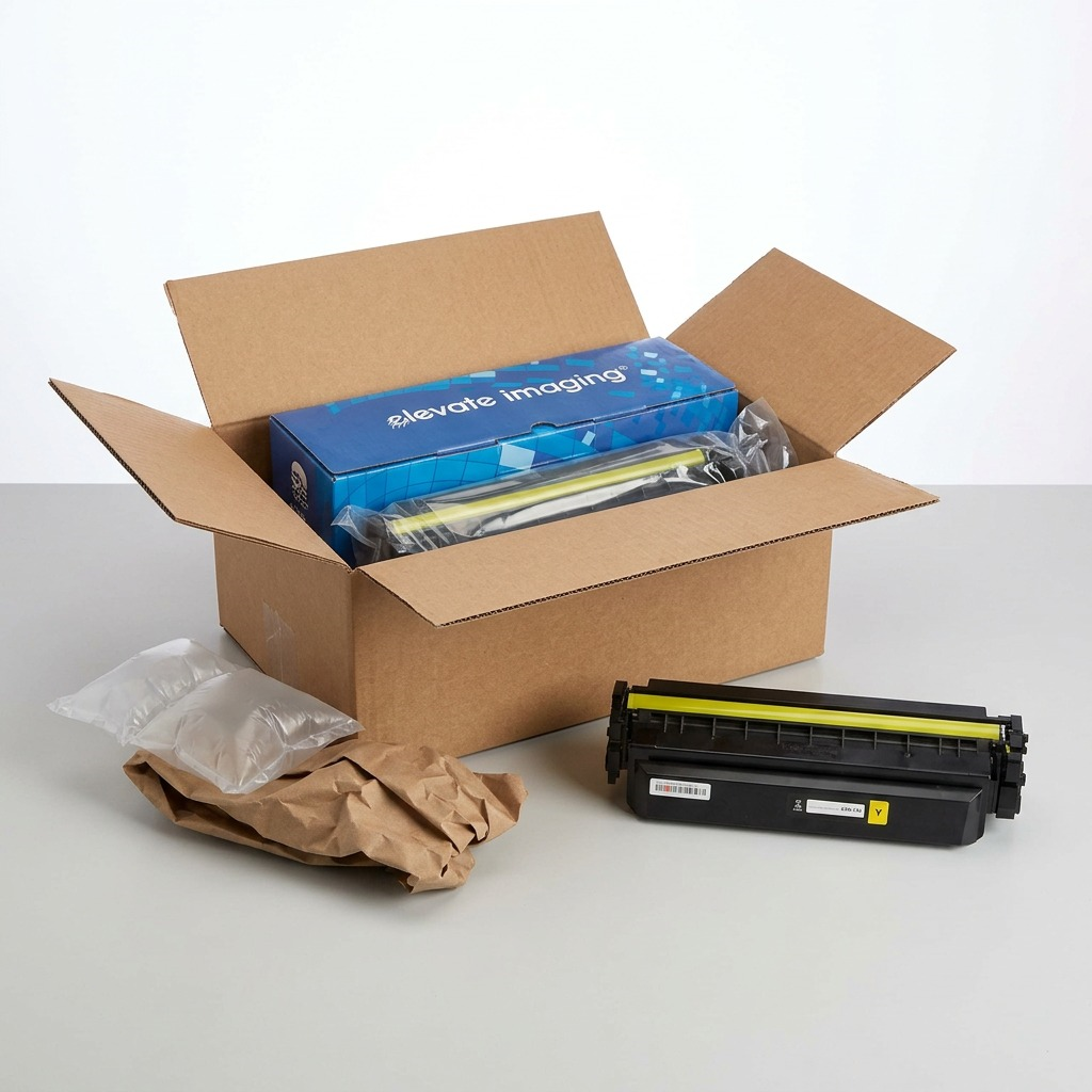 A photograph of an opened cardboard shipping box, revealing protective AirPouch void-fill and the product's original 'elevate imaging' branded box inside. Nearby, the 'elevate imaging' toner cartridge with its yellow strip and orange pull tab rests, showing clean, undamged arrival.