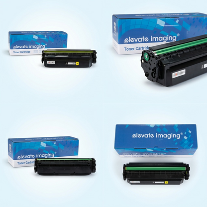 A four-panel grid matrix showcasing a compatible yellow toner cartridge and its box from multiple angles.