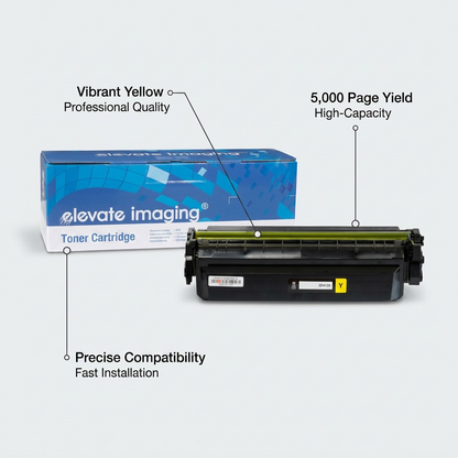 Feature graphic for Elevate Imaging yellow toner cartridge, highlighting 5,000 page yield and vibrant quality.
