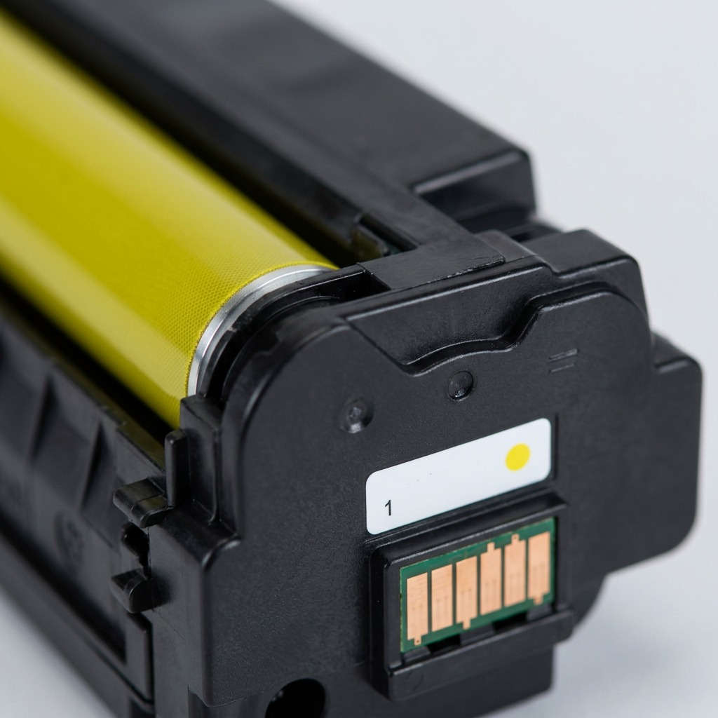 Macro close-up of the yellow toner cartridge's data chip and color-coding label on the side.