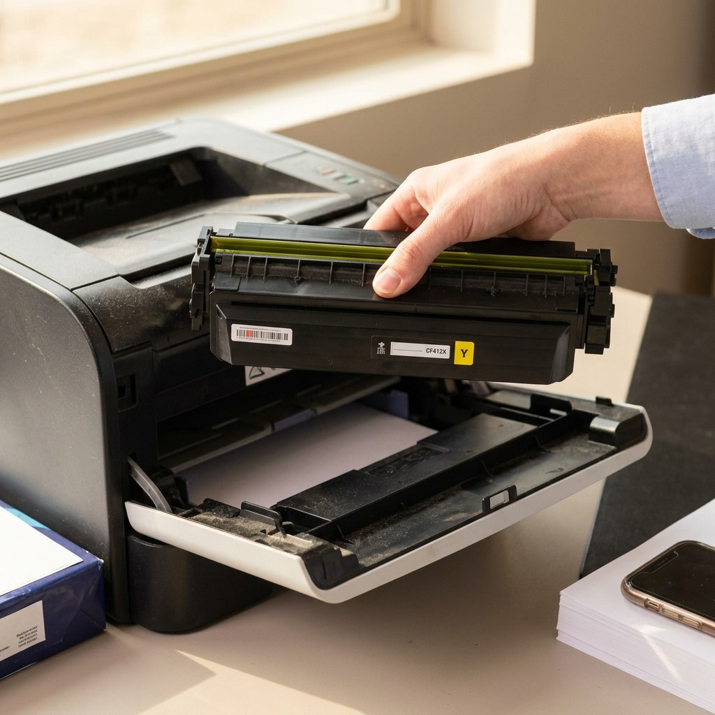 A Canon GPR-39 type G black toner cartridge for a digital photocopier being held over an open paper tray.