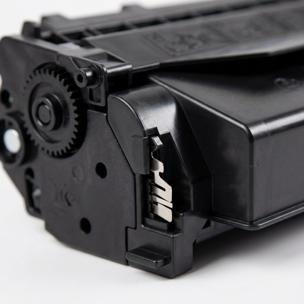 Macro studio photograph showcasing the precision-engineered plastic gears, side panels, and intricate texture details of the Elevate Imaging Compatible HP CE505X toner cartridge, emphasizing its build quality.