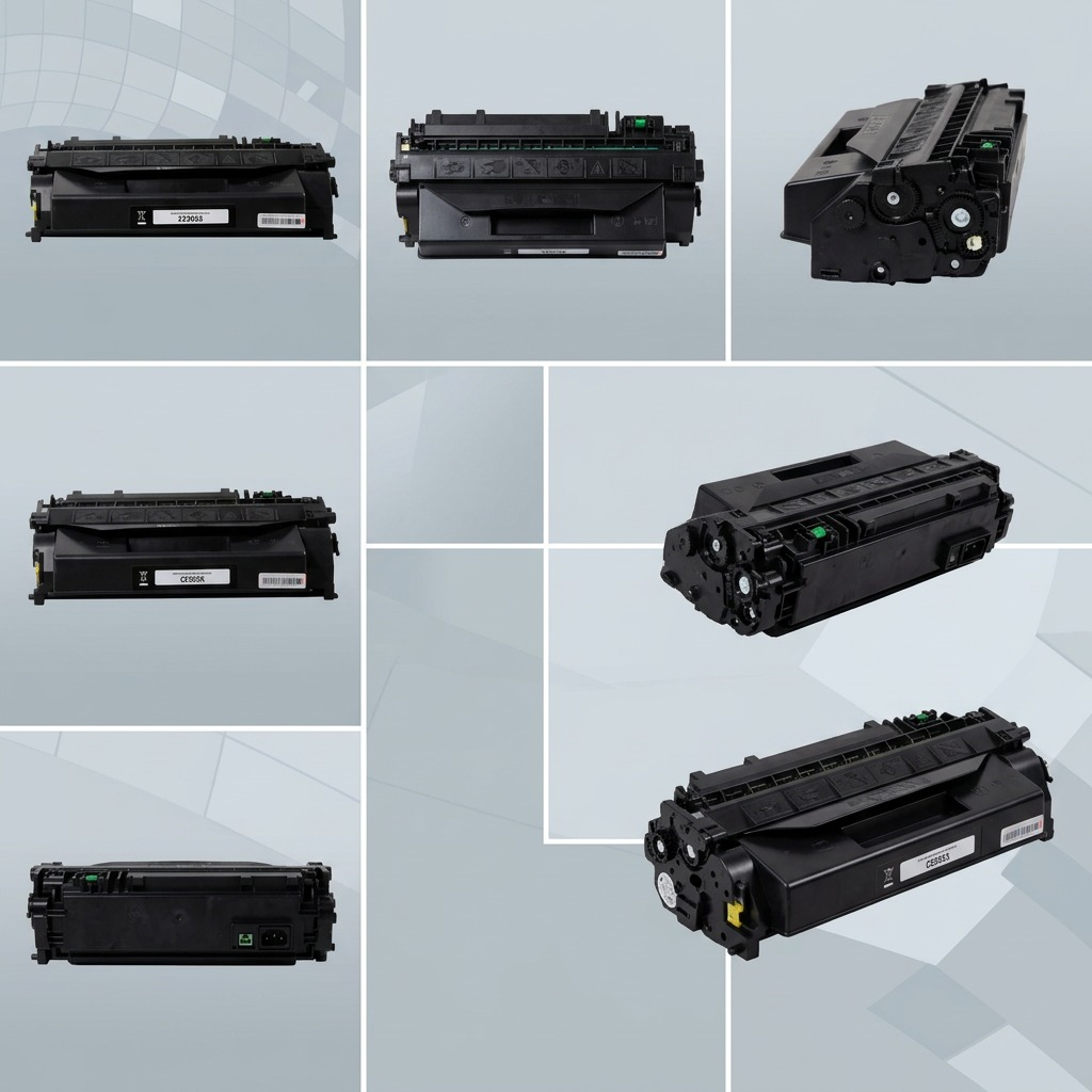 A product visual matrix for the Elevate CE505X toner cartridge, showing six distinct angles.