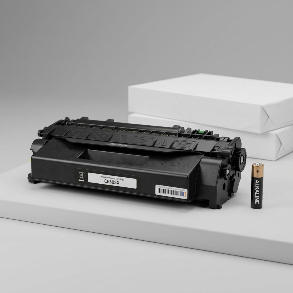 A photo of the black Elevate Imaging toner cartridge next to a standard AA battery on a light grey desk, providing an instant size comparison.