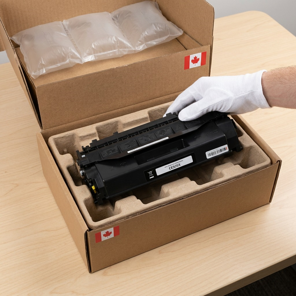 Toner cartridge in secure, padded Canadian shipping box, white glove handling.