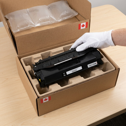 Toner cartridge in secure, padded Canadian shipping box, white glove handling.
