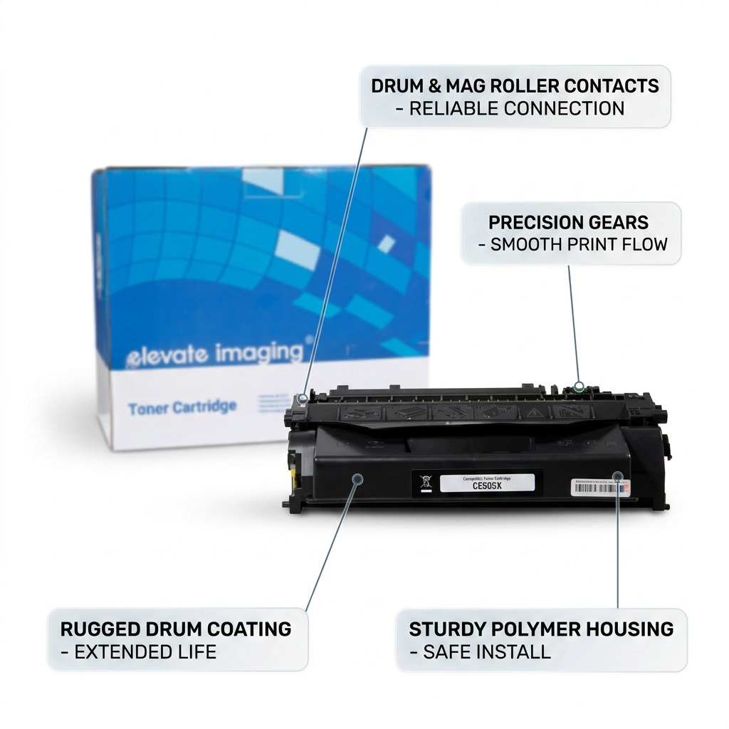 An explanatory graphic for the CE505X toner, with labels pointing to components like the drum coating and gears.