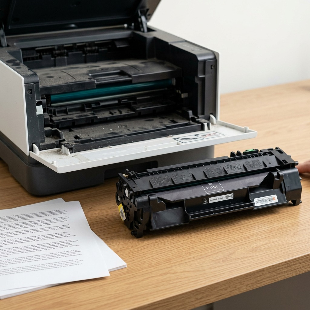 A black toner cartridge is installed in an open printer; a stack of printed pages sits on top.