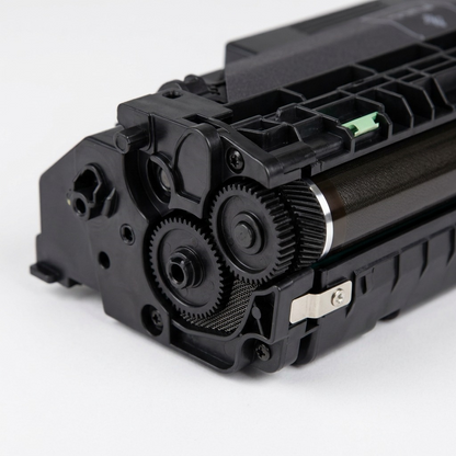 Macro detail photography highlights the gear train and mechanical components of the Elevate toner cartridge.