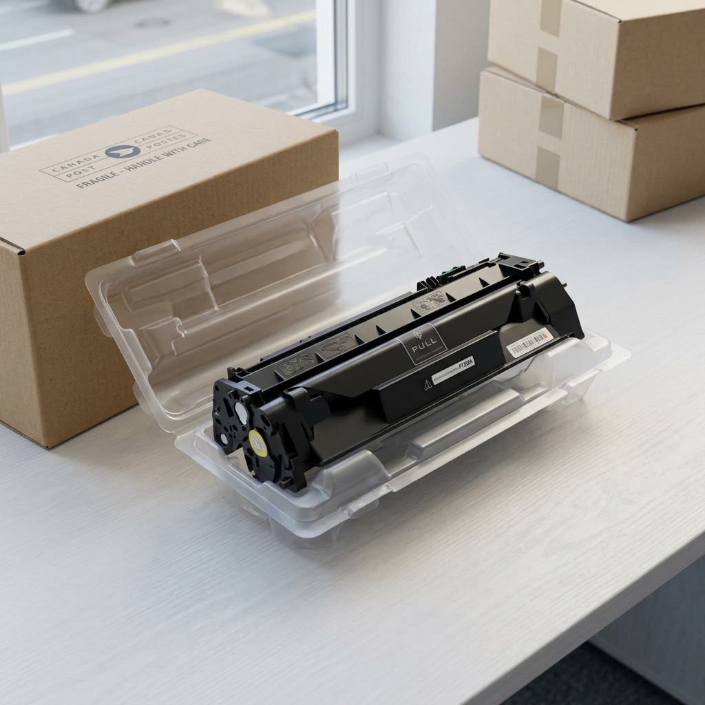 Unboxing photo of Elevate CF280A toner cartridge in protective clear clam shell.
