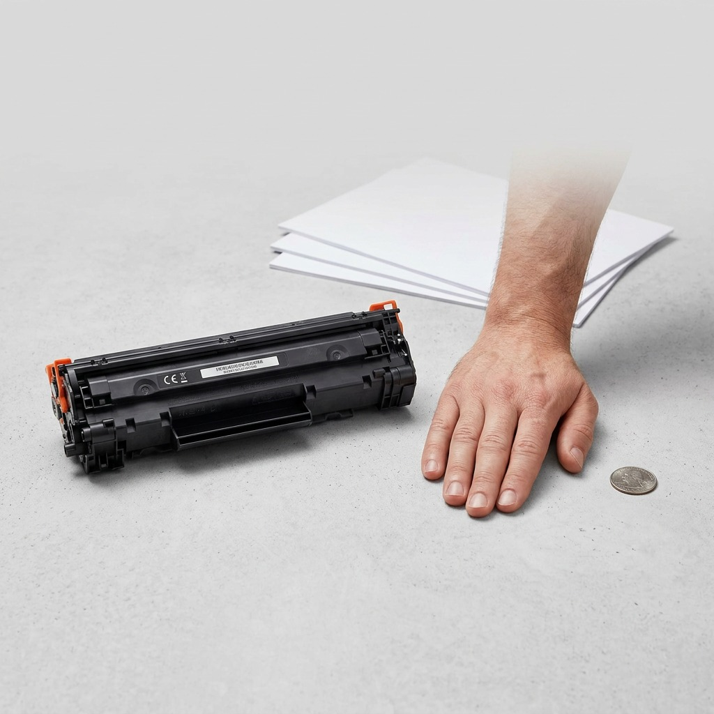 A black toner cartridge is placed beside an adult hand, paper, and a coin to reference its real size.