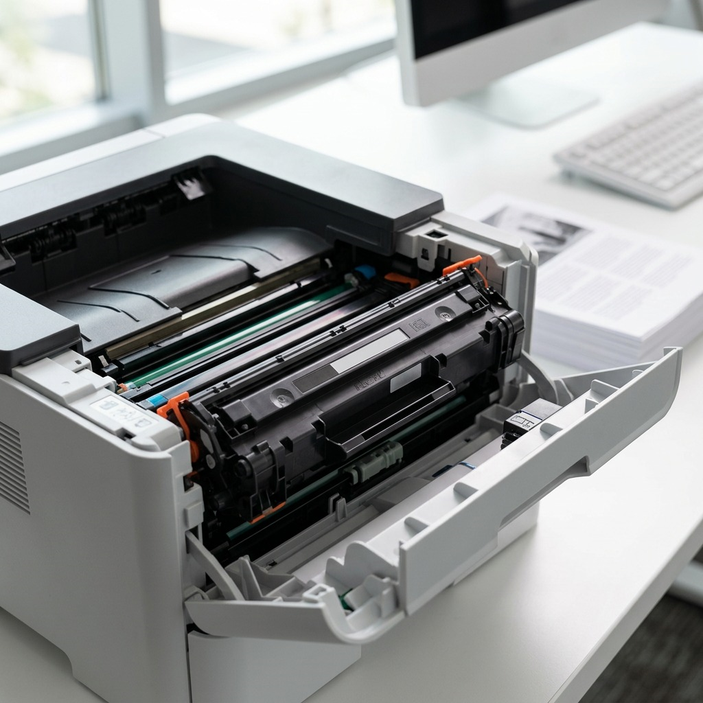 Product photo of an Elevate Imaging CE250A toner cartridge installed in a busy laser printer.