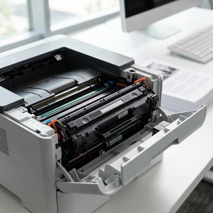 Product photo of an Elevate Imaging CE250A toner cartridge installed in a busy laser printer.