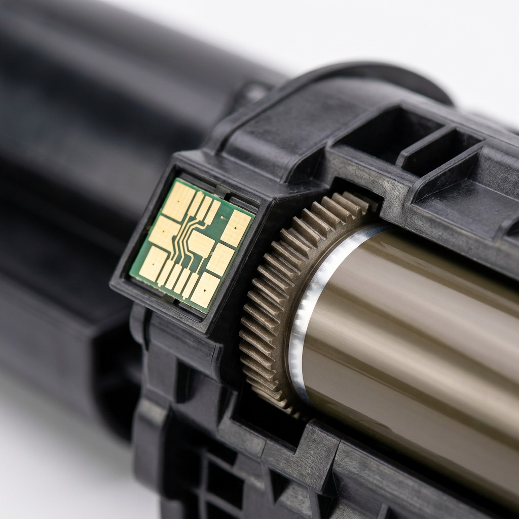 A detailed macro close-up of a premium toner cartridge contact chip and gear mechanism.