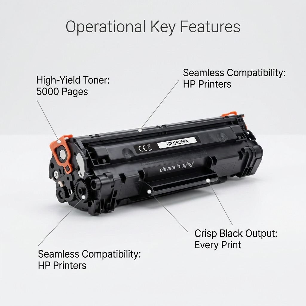 PDP feature graphic highlighting HP CE250A compatible toner with 5000-page yield and print quality callouts.