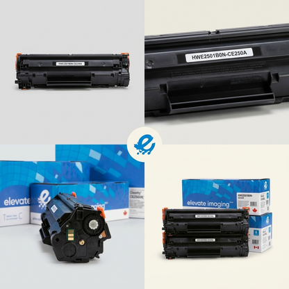 A matrix view of black laser toner cartridges and blue packaging.