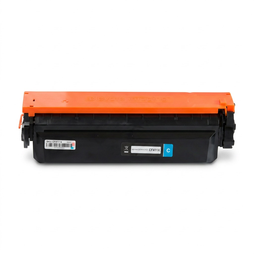 A direct, professional hero shot of the Elevate Imaging Reman HP CF411X replacement toner cartridge.<ctrl46>A direct, professional hero shot of the Elevate Imaging Reman HP CF411X replacement toner cartridge.
