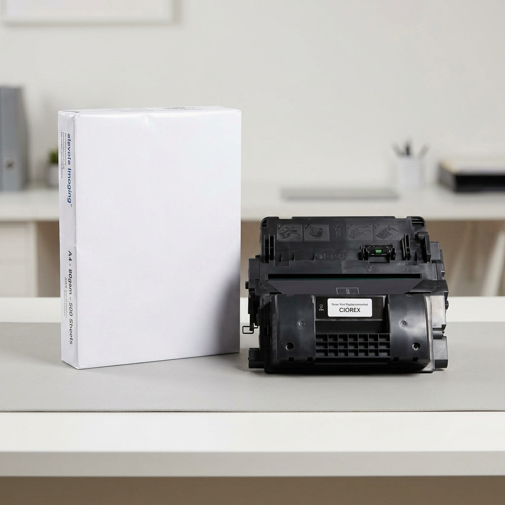 A large black laser toner cartridge is placed next to a standard ream of A4 printer paper for clear scale reference.
