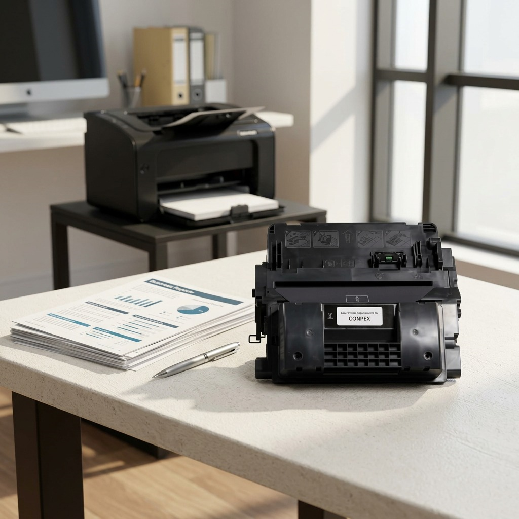 A black laser printer toner cartridge on an office-desk and next to some papers.