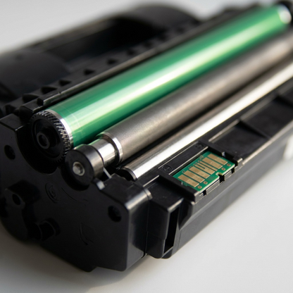 Extreme close-up of a toner cartridge's complex internal components and electrical chip contacts.