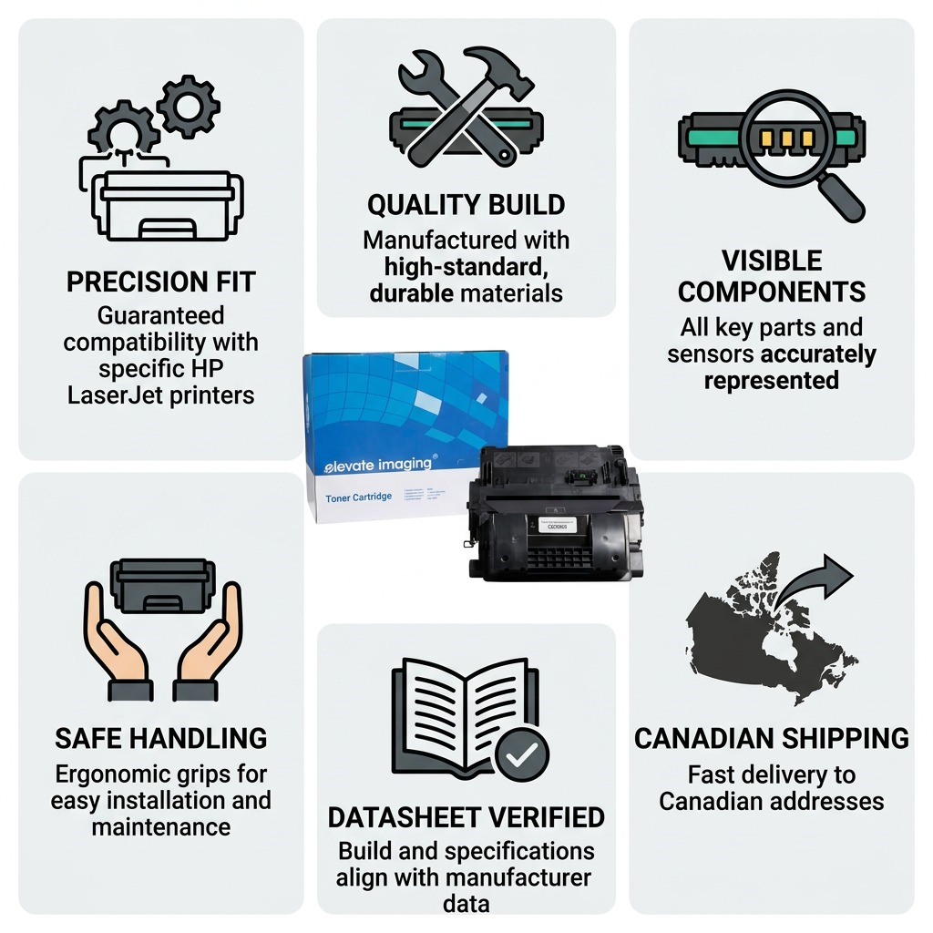 Infographic grid highlighting features like precision fit, durable quality, safe handling, and verified data.