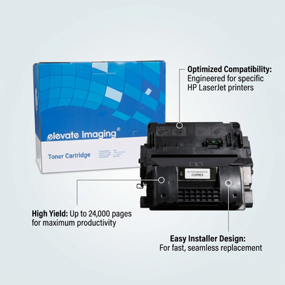 An ecommerce infographic calling out the features of the Elevate Imaging CE390X high-yield toner cartridge.
