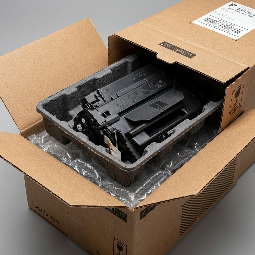 An unboxing scene showing the Elevate Imaging toner cartridge safely nestled in custom molded pulp and bubble wrap within a durable cardboard shipping box with a Canada Post label.