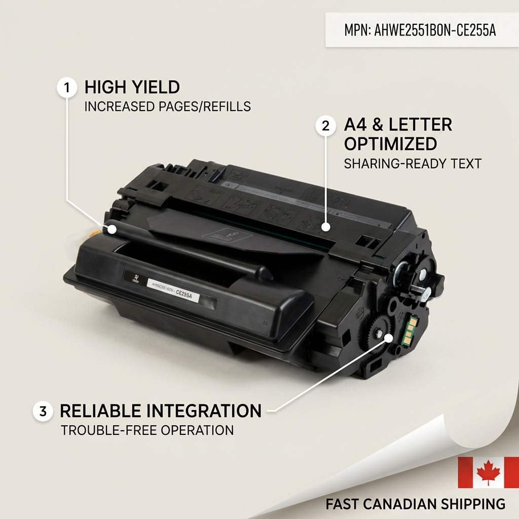 A clean e-commerce feature graphic showcasing an Elevate Imaging toner cartridge with callouts for capacity, page yield, and fit.