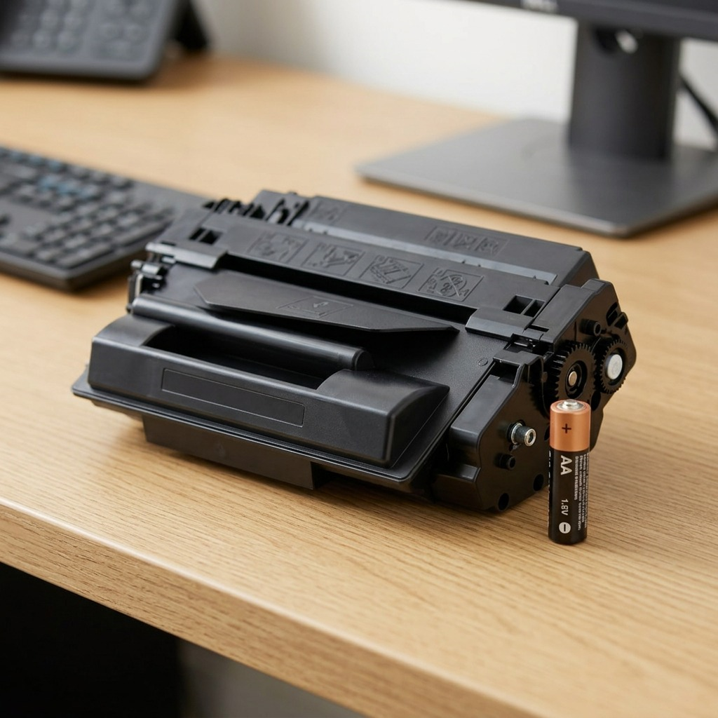 Size reference image for Elevate Imaging Compatible HP CE255A toner, showing its actual scale next to a standard AA battery.