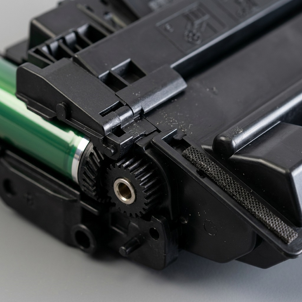Extreme macro photograph detailing the complex plastic molding, internal gears, and the crucial developer roller seam on a compatible HP CE255A toner cartridge, demonstrating its component precision.