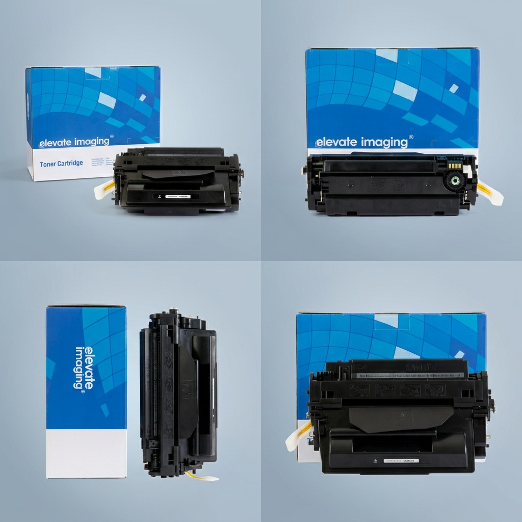 An ecommerce-style four-cell matrix displaying a specific laser toner cartridge from various functional angles.