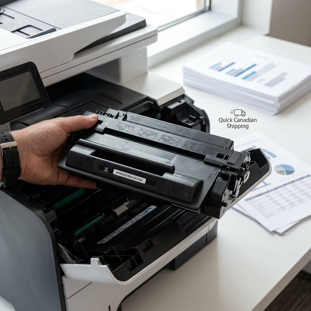 PDP visual matrix lifestyle: an Elevate Imaging compatible CE255A toner cartridge installed within an HP laser printer.