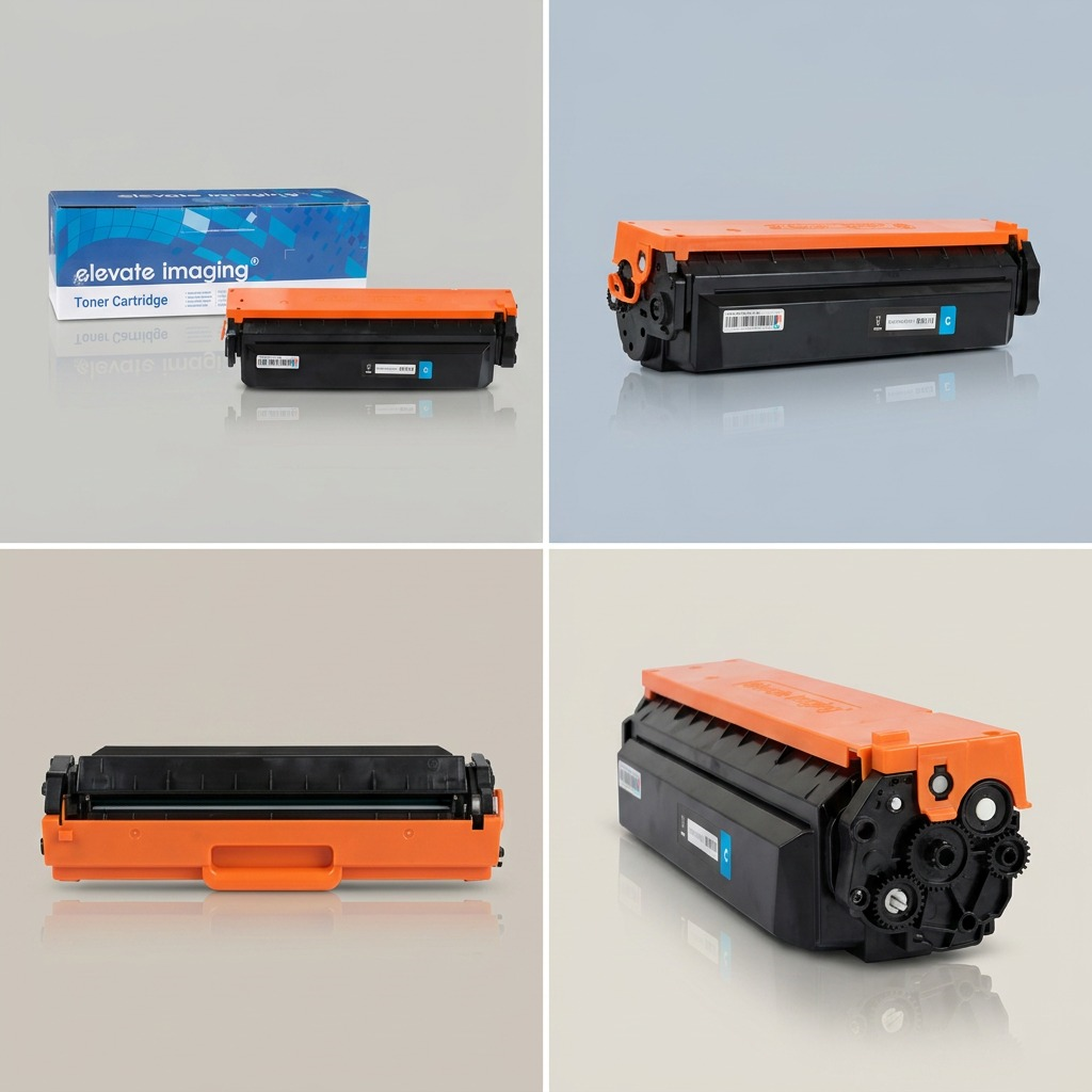 A 2x2 matrix showcasing an Elevate Imaging toner cartridge and its box from four distinct angles.