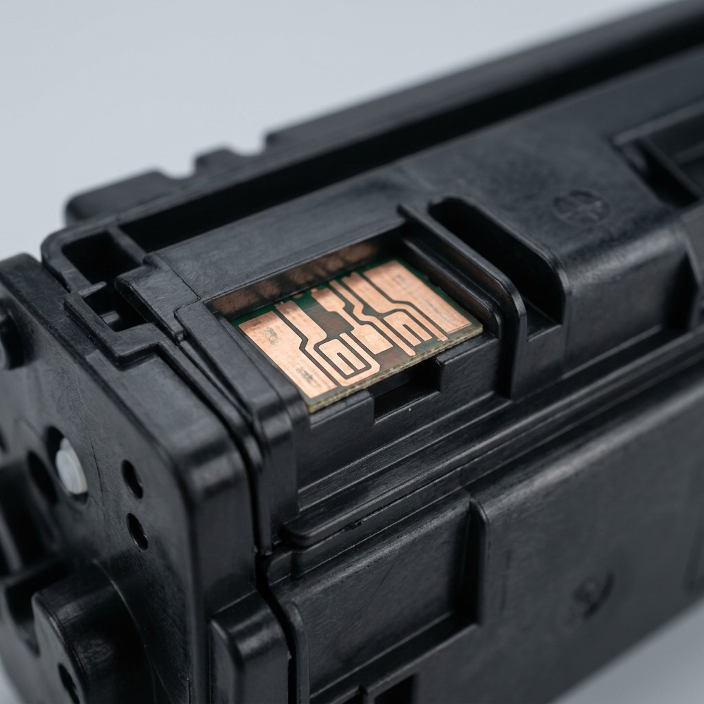 Macro image of the Elevate Imaging cartridge, showing the data chip interface for quality and function.