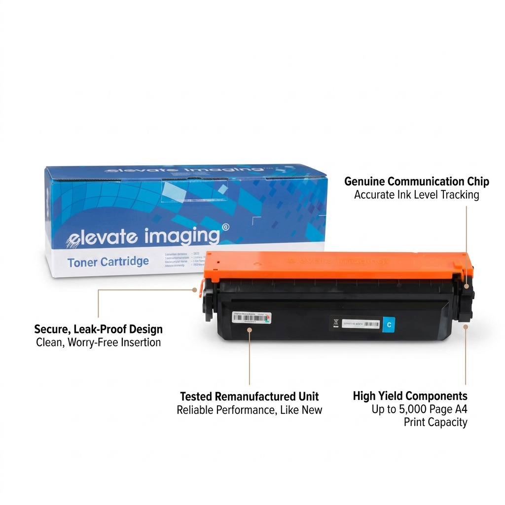 E-commerce product image for Elevate Imaging remanufactured HP CF411X toner with feature callouts.