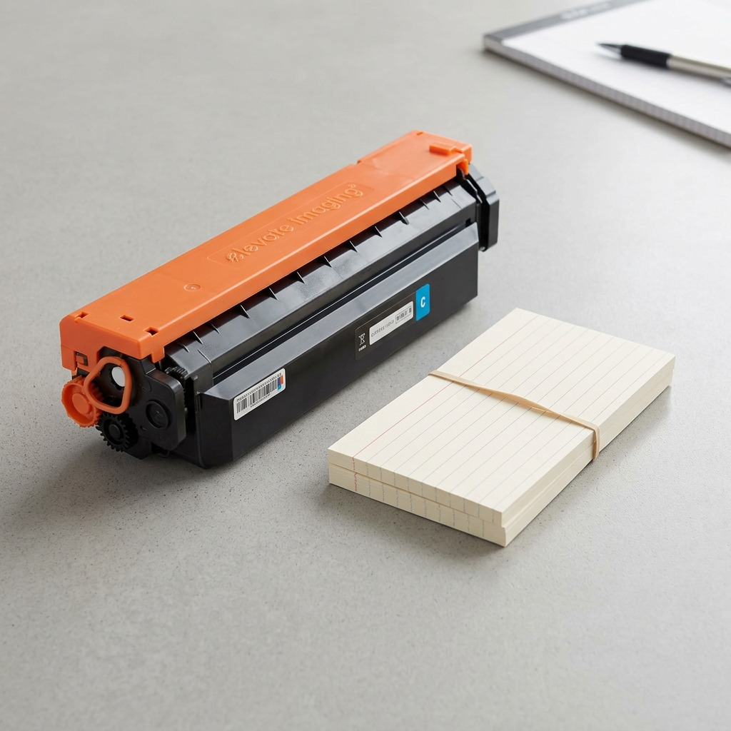 Cyan toner cartridge alongside lined index cards for size reference on a grey desk surface.