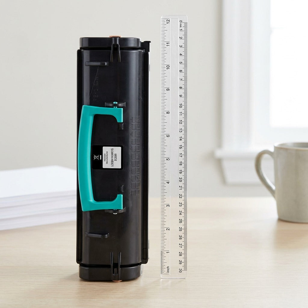 Static Control LCX264-9K toner cartridge stands beside a ruler on a wooden desk for true scale reference.