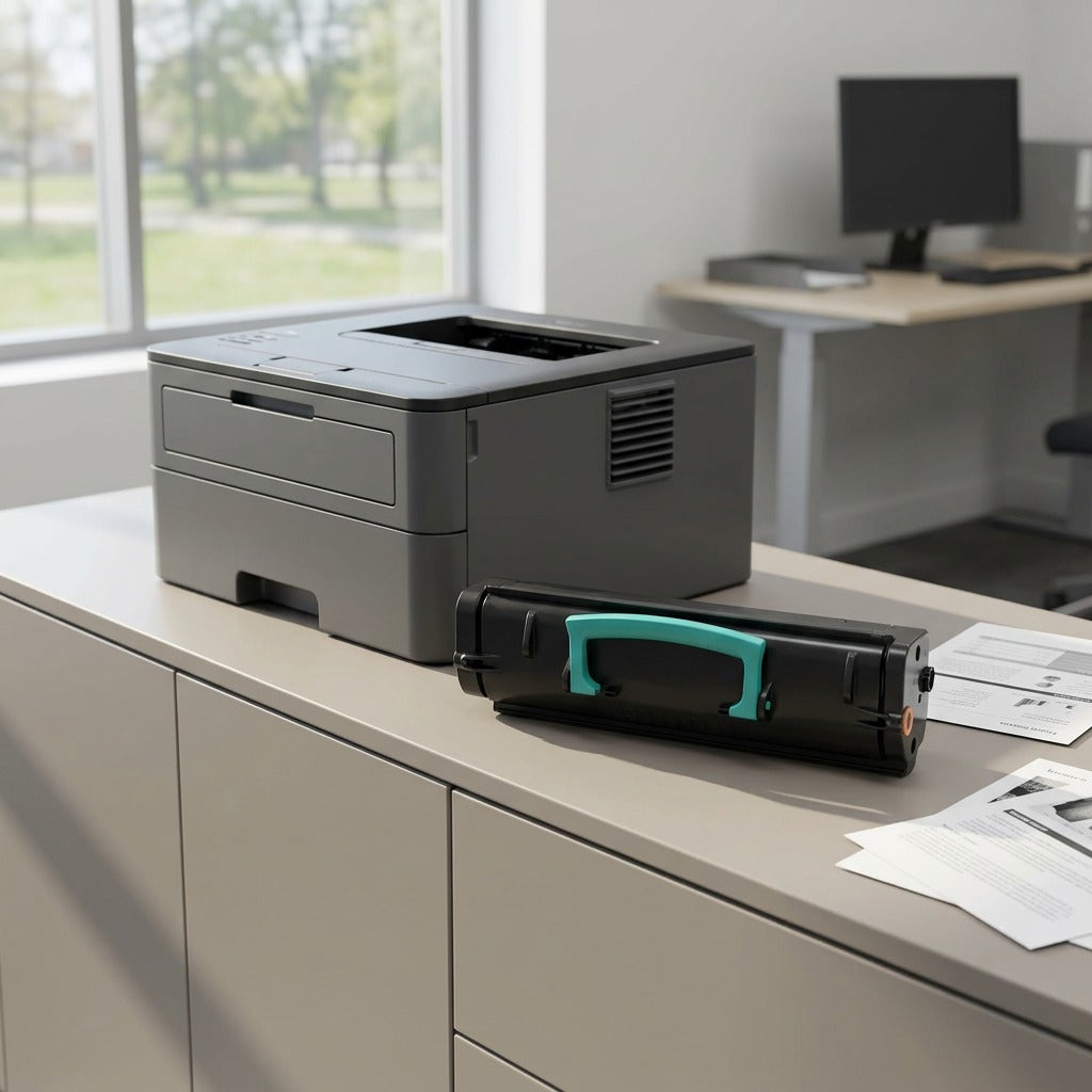 A detailed photograph of the black toner cartridge with its teal handle, resting next to a modern office printer.