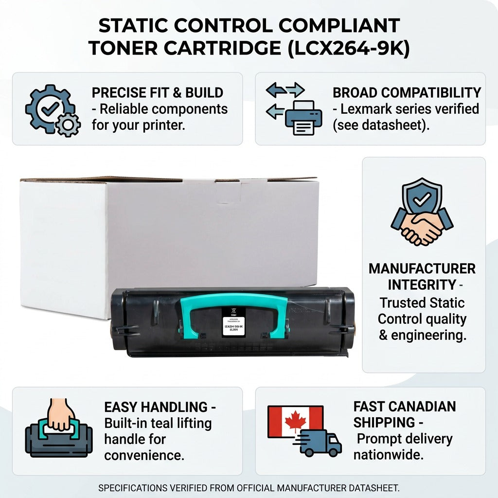 An e-commerce trust infographic for the Static Control LCX264-9K toner cartridge, highlighting quality, compatibility, easy handling, and fast Canadian shipping.